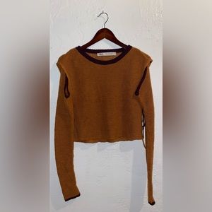 ZARA ORANGE AND BROWN KNIT KNOTTED LONG SLEEVE SHOULDER CUT OFF TOP